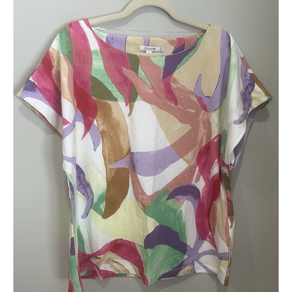 Chico's Blooms Short Dolman Sleeve Vibrant Abstract Floral Watercolor XL Top NWT